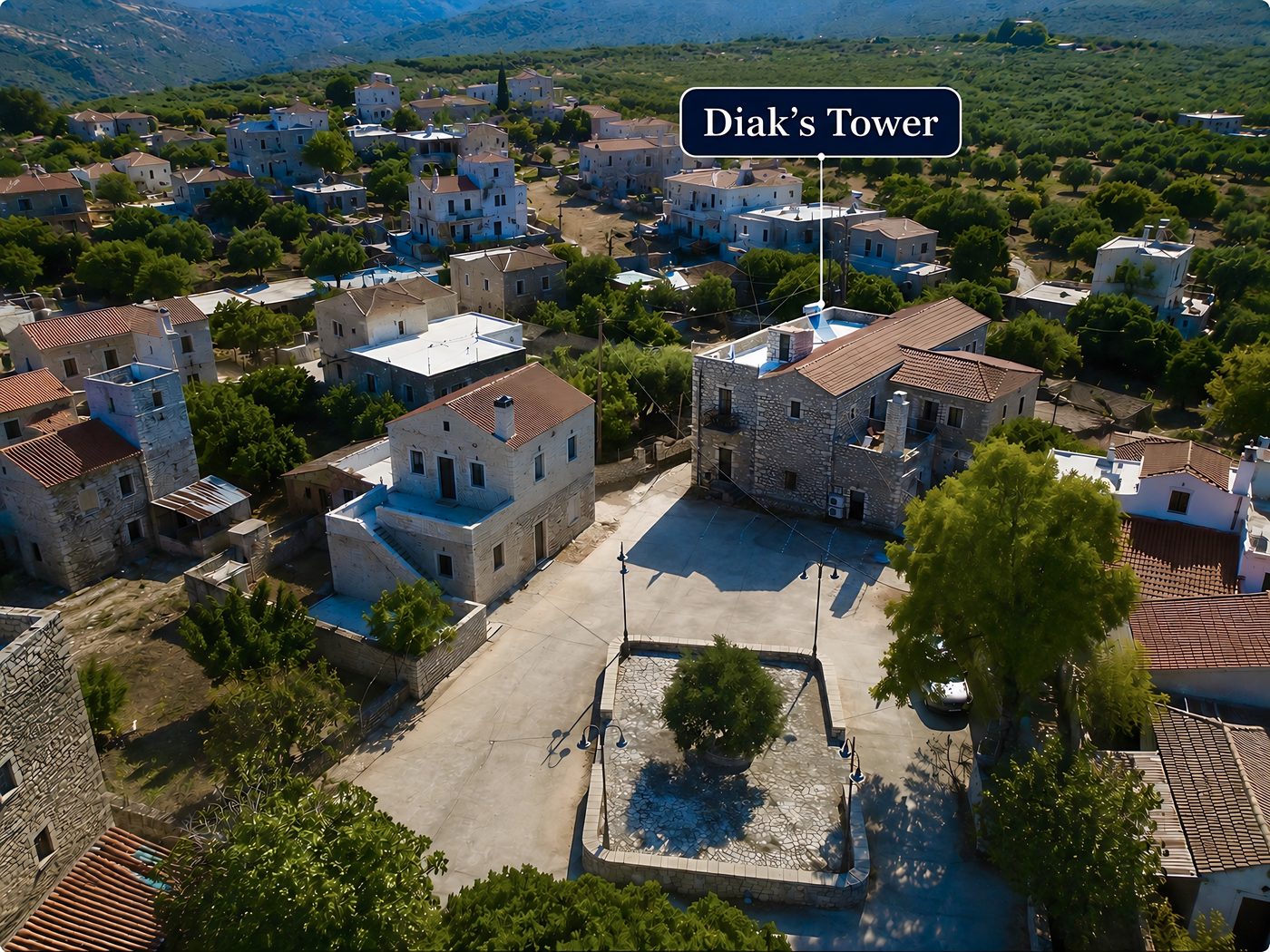 Aerial view of the village of Charia and the mountains of Mani, with Diak's Tower marked